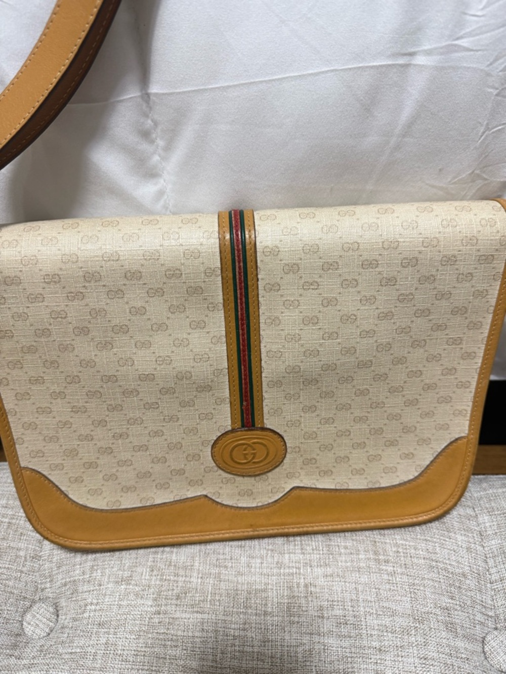 Gucci Beige Canvas Crossbody with Tan Leather and Green-Red Stripe